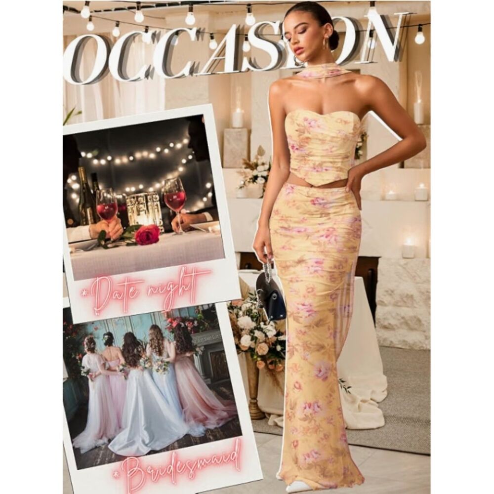 Floral Mesh Corset Maxi Skirt Set Y2K Wedding Guest Prom 3 Piece - Picture 6 of 9